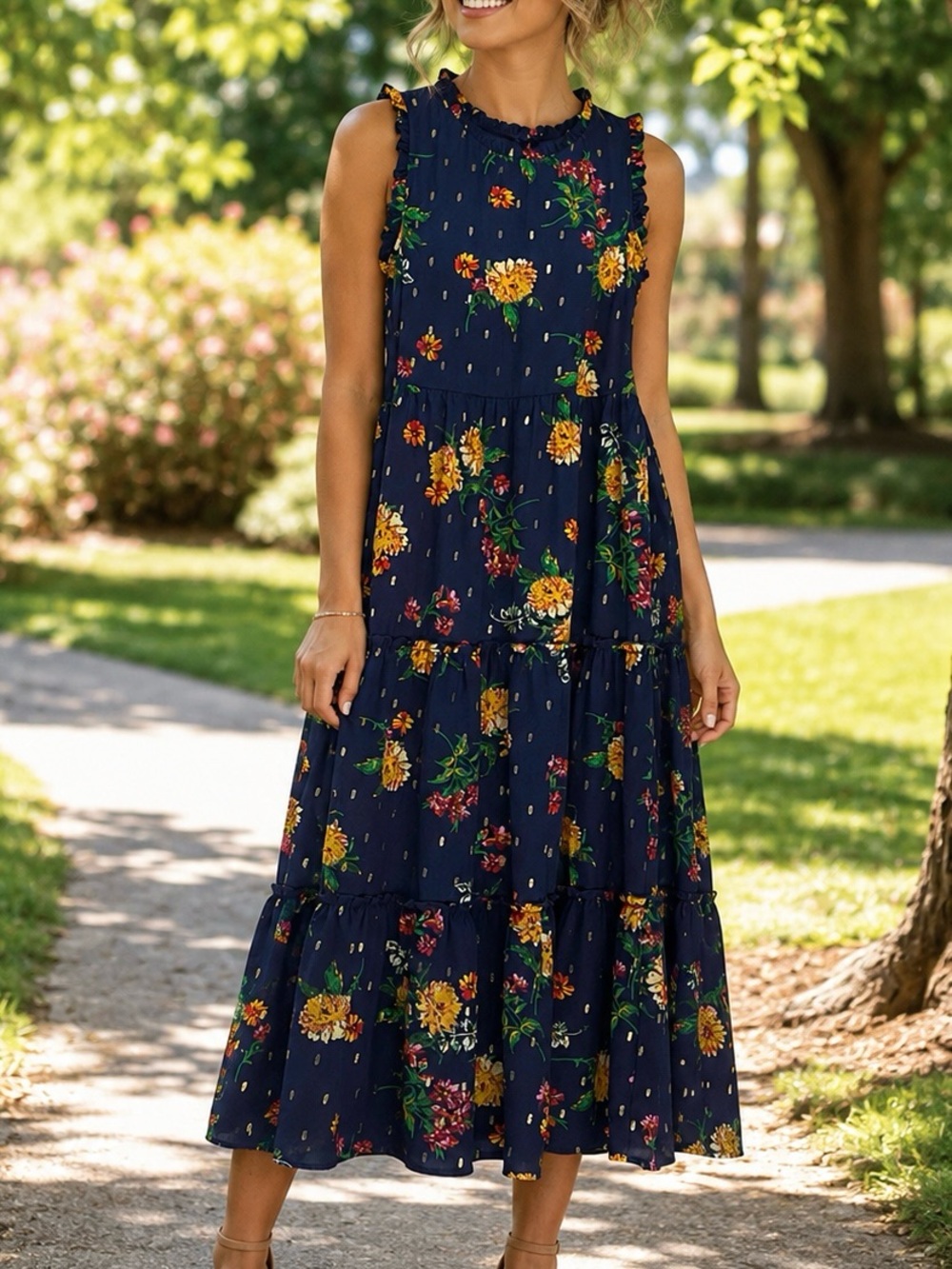 Zunie Girls M 10/12 Navy Floral Gold Accent Tiered Maxi Dress Sleeveless